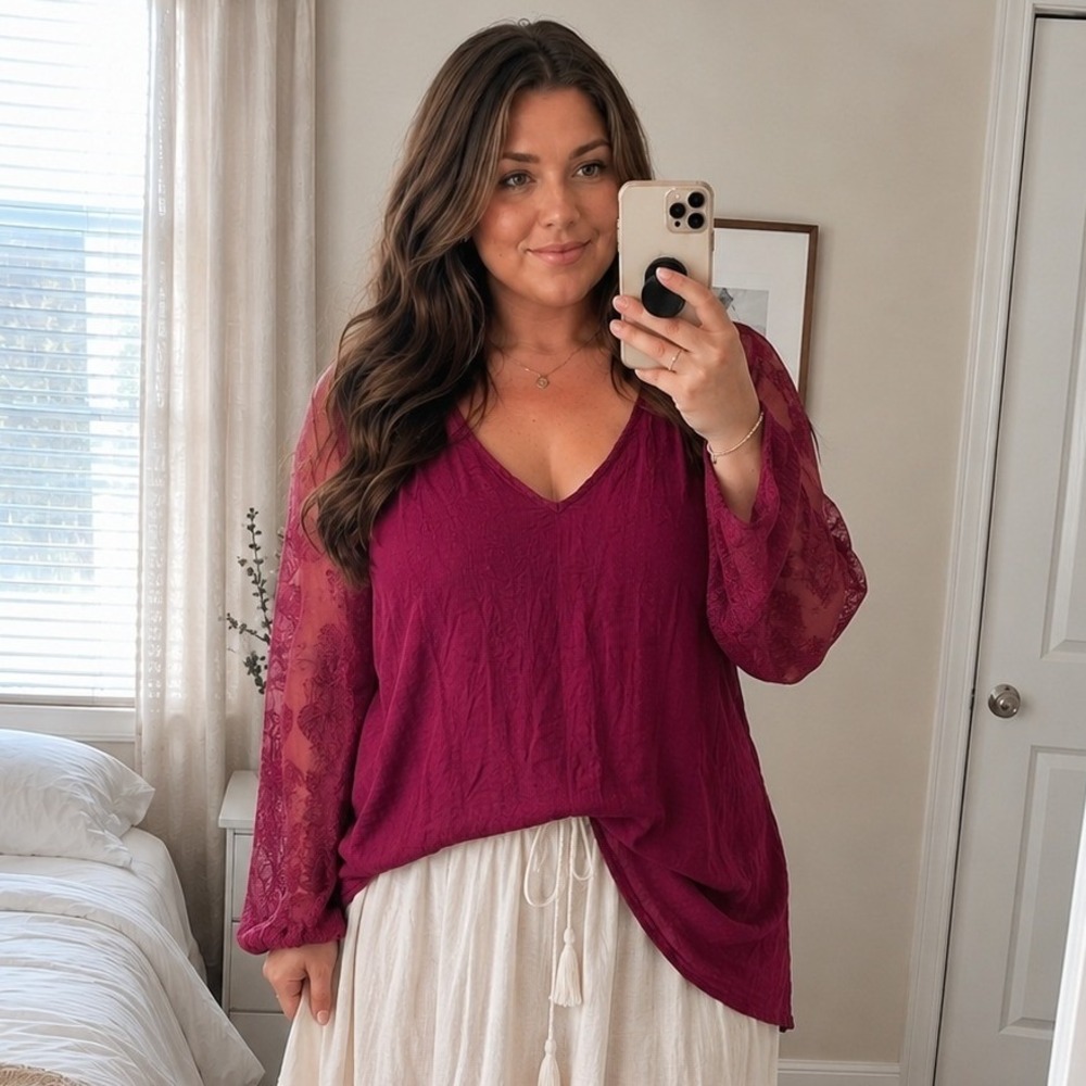 Lane Bryant Womens Blouse 4X Red Lace Sleeve V-Neck Boho Tunic Romantic Feminine